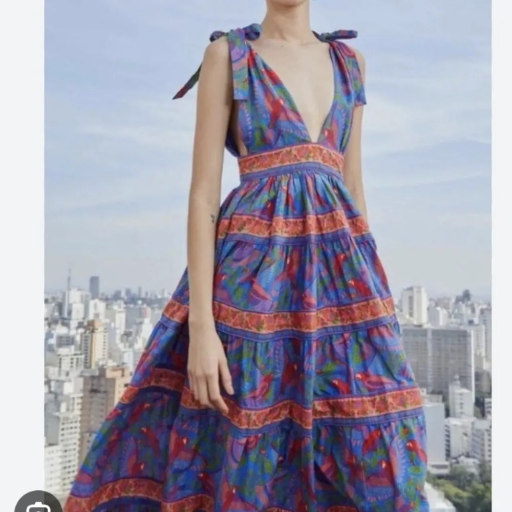 HOUSE OF HARLOW 1960 Tahiti Parrot Maxi Dress Womens Blue Tiered V - Image 6