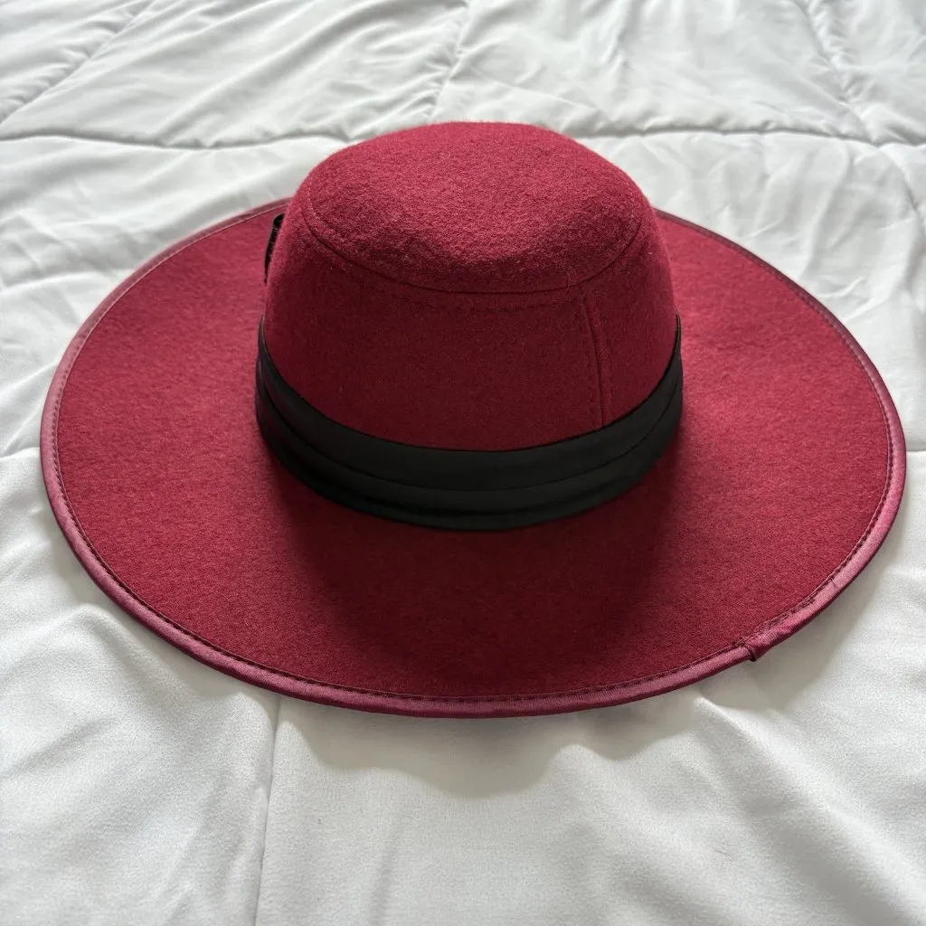 Vintage 90s Y2K Nicole Marciano Wide Brimmed Felt Womens Hat Red Black Bow Rose - Image 4