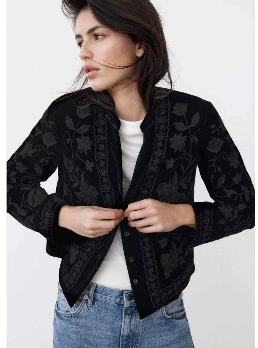 ZARA Black Velvet Embroidered Kimono Jacket - Image 4
