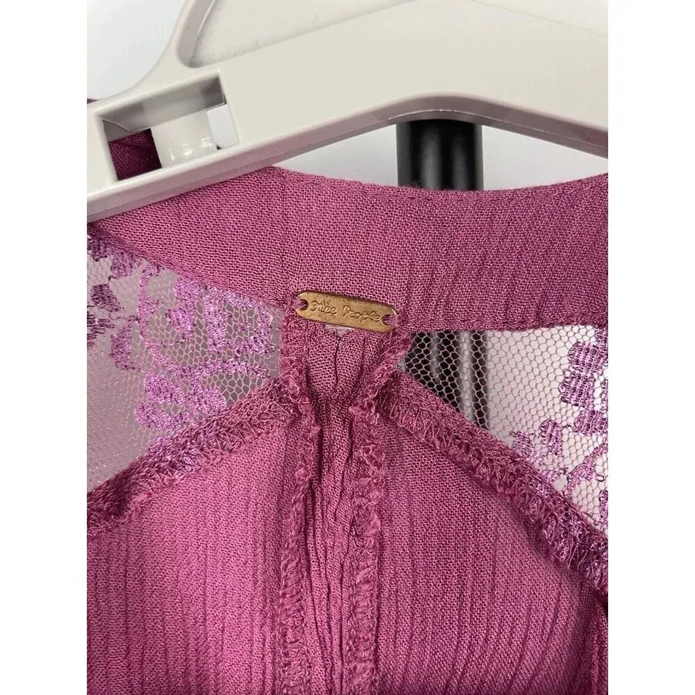 Free People Purple Pink Cold Shoulder Floral Lace‎ Sleeve Gauze Mini Dress - Image 3
