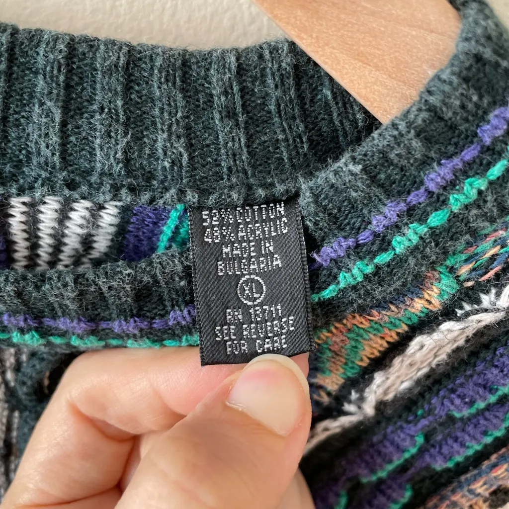 BRANDINI 90s Vintage Cotton Blend 3D Textured Knit Crewneck Sweater Size XL Green - Image 15