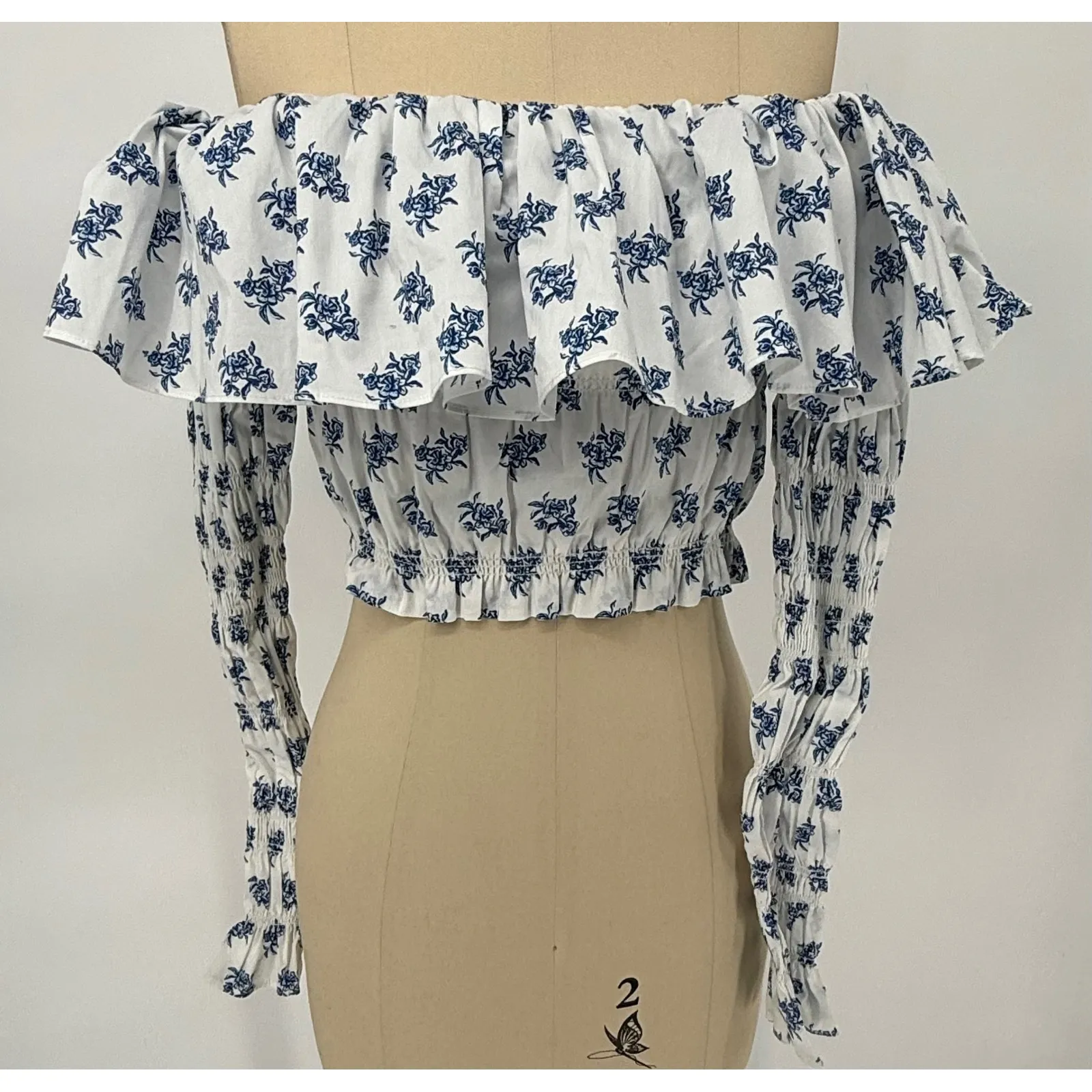 NWT Caroline Constas Lydia Blue Toile Off the‎ Shoulder Top Sz XXS $395 White - Image 4