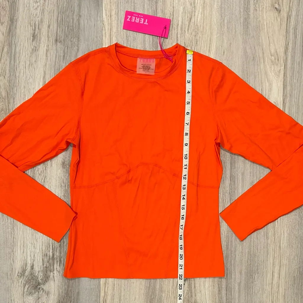 NWT Terez Round Neck Long Sleeve Activewear Shirt Hazard Orange Nylon Top Size M - Image 2