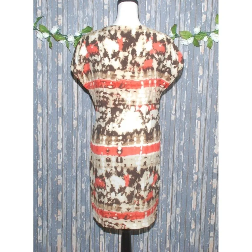 Vince Camuto Brown Orange Dress Size 6 Elastic Waist Pockets V-Neck Cap Sleeves - Image 5