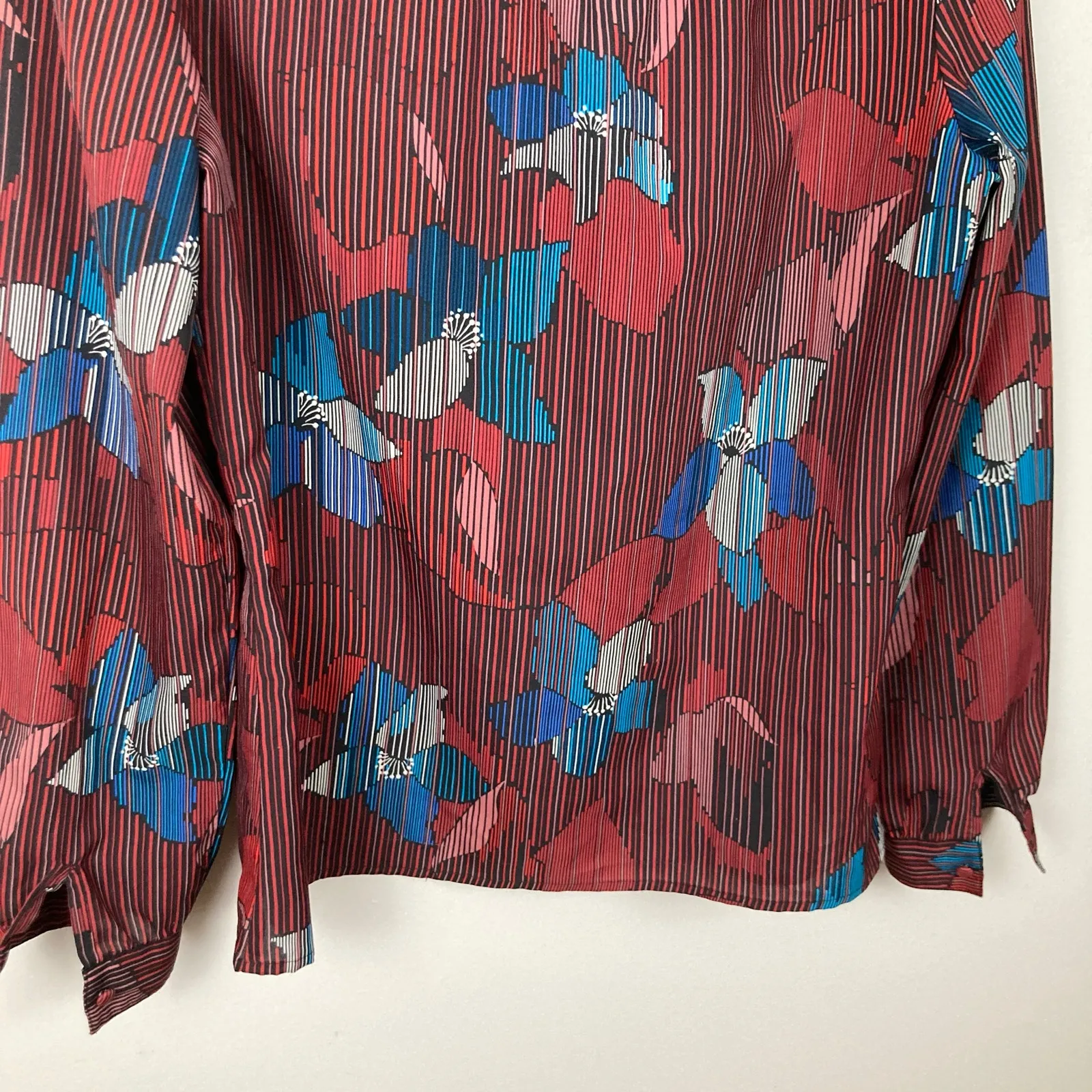 VTG 80s Maroon Abstract Floral Stripe Blouse Womens M Indie Eclectic Secretary Red Size M - Image 11