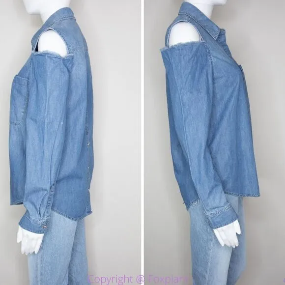7 For All Mankind Women's Long Sleeve Cold‎ Shoulder Denim Shirt, size S - Image 6