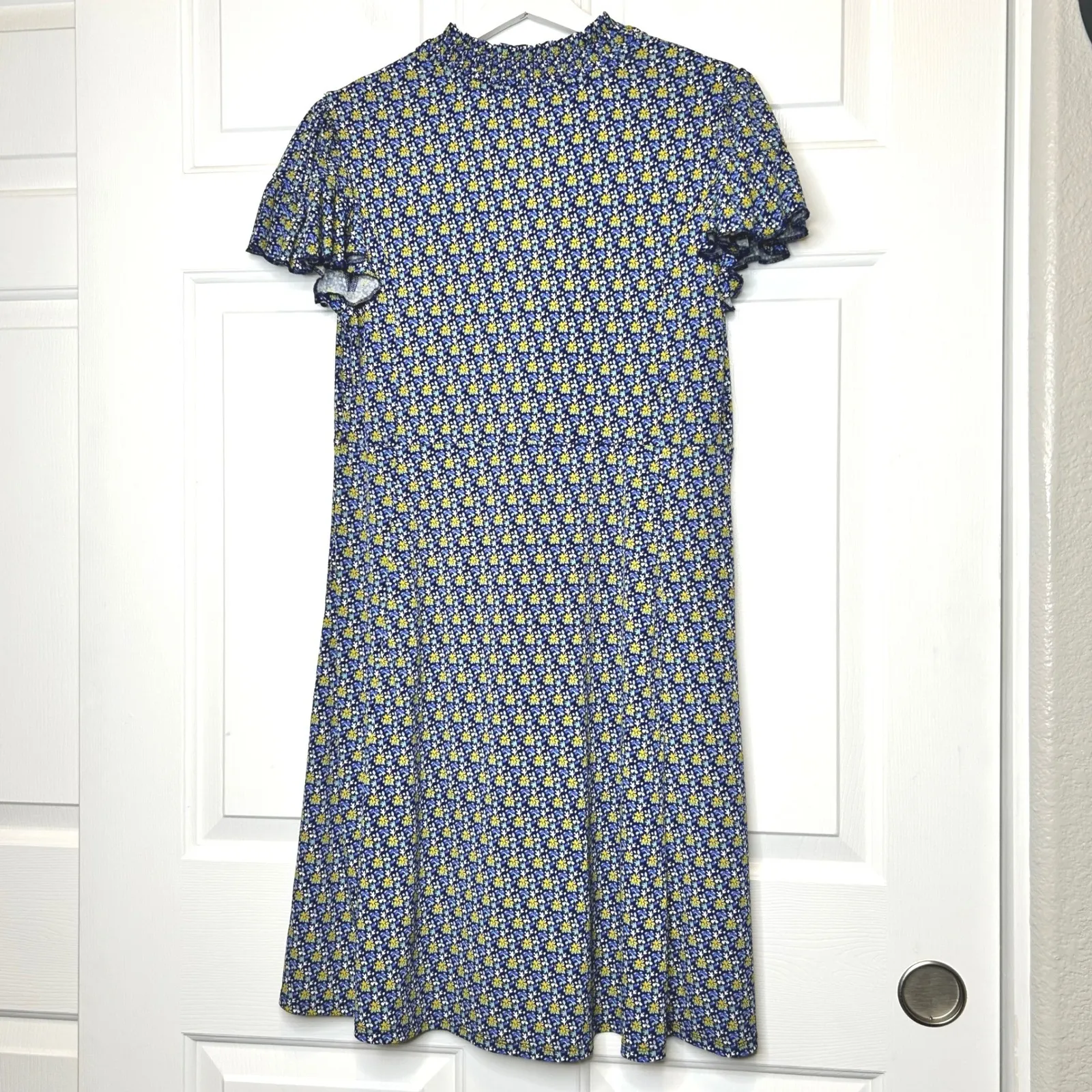 Lark & Ro Floral Print Ruffle Neck Short Sleeve Dress Size 14 Blue - Image 3