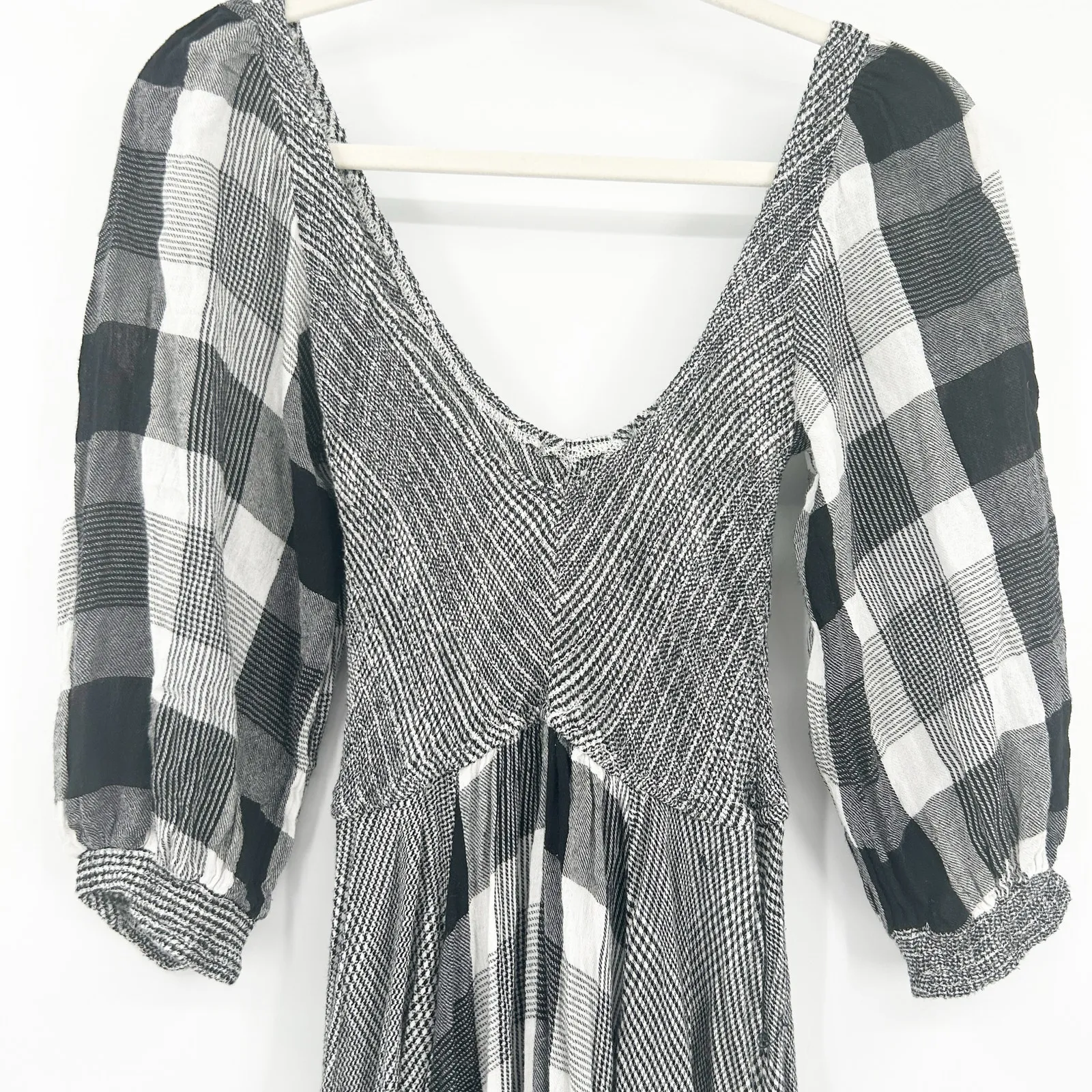 Free People Womens Boho Peasant Old Friends 3/4‎ Sleeve Plaid Midi Dress XS Gray - Image 5