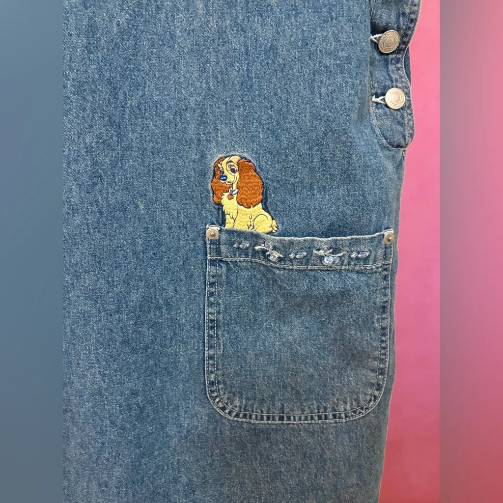 Rare Disney Store Lady & The Tramp Blue Denim Overalls Mini Dress - Size Small - Image 2
