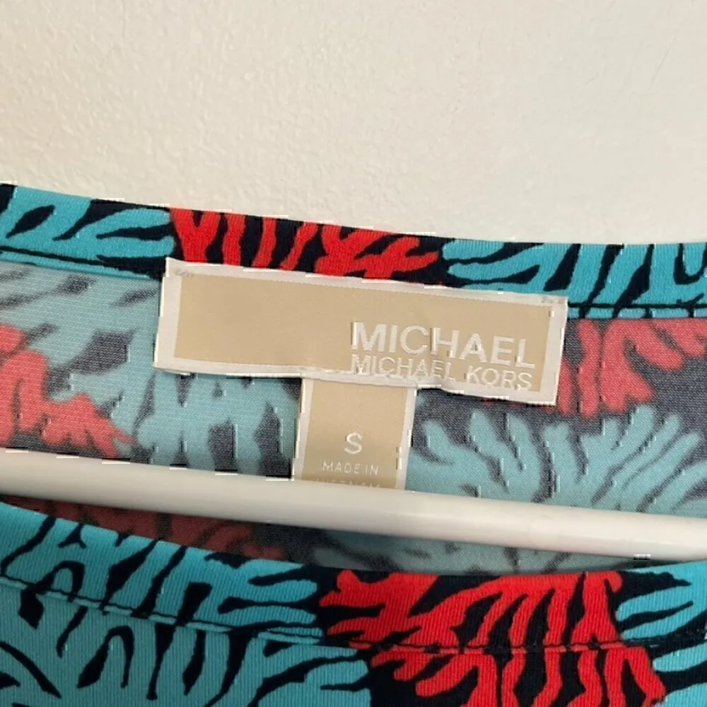 MICHAEL MICHAEL KORS MK McKenna Dress Blue Red Sea Coral Geo Preppy Long Sleeve - Image 5