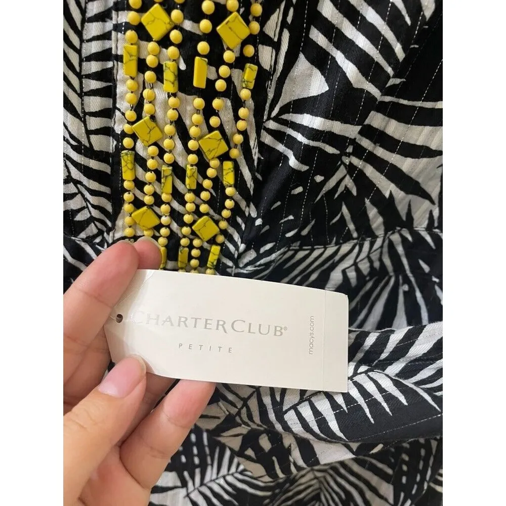 *NWT Charter Club "Fiji" Black/White PALM LEAVES Print BEADED Blouse/Top sz 8P - Image 5