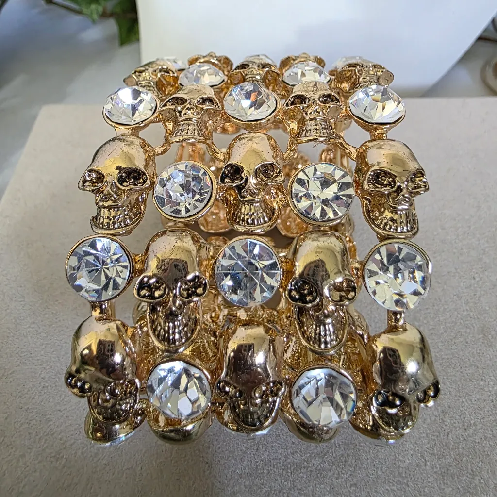 Statement Gold Stretch Bracelet Skulls and Cubic Zirconia - Image 3