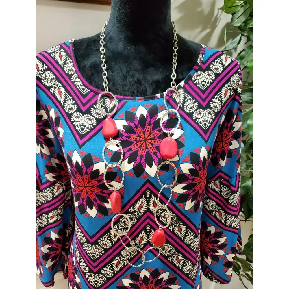 Peach Love Women Multicolor Polyester Round Neck Long Sleeve Knee Length Dress M - Image 2