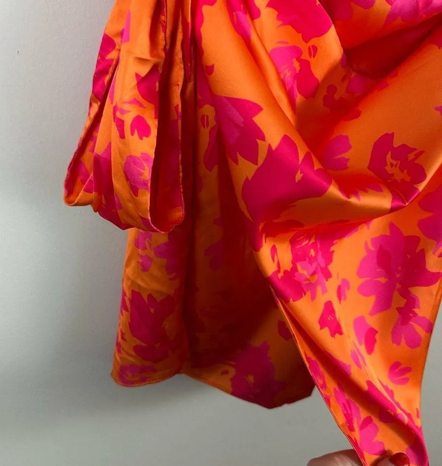 | Bright Pink and Orange Floral One Shoulder Satin Dress Medium - Image 6