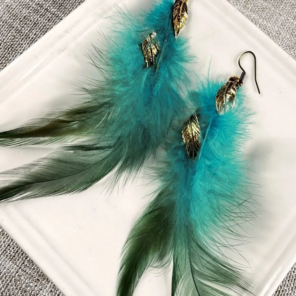 Free People Blue and Gold Feather Earrings - Image 5