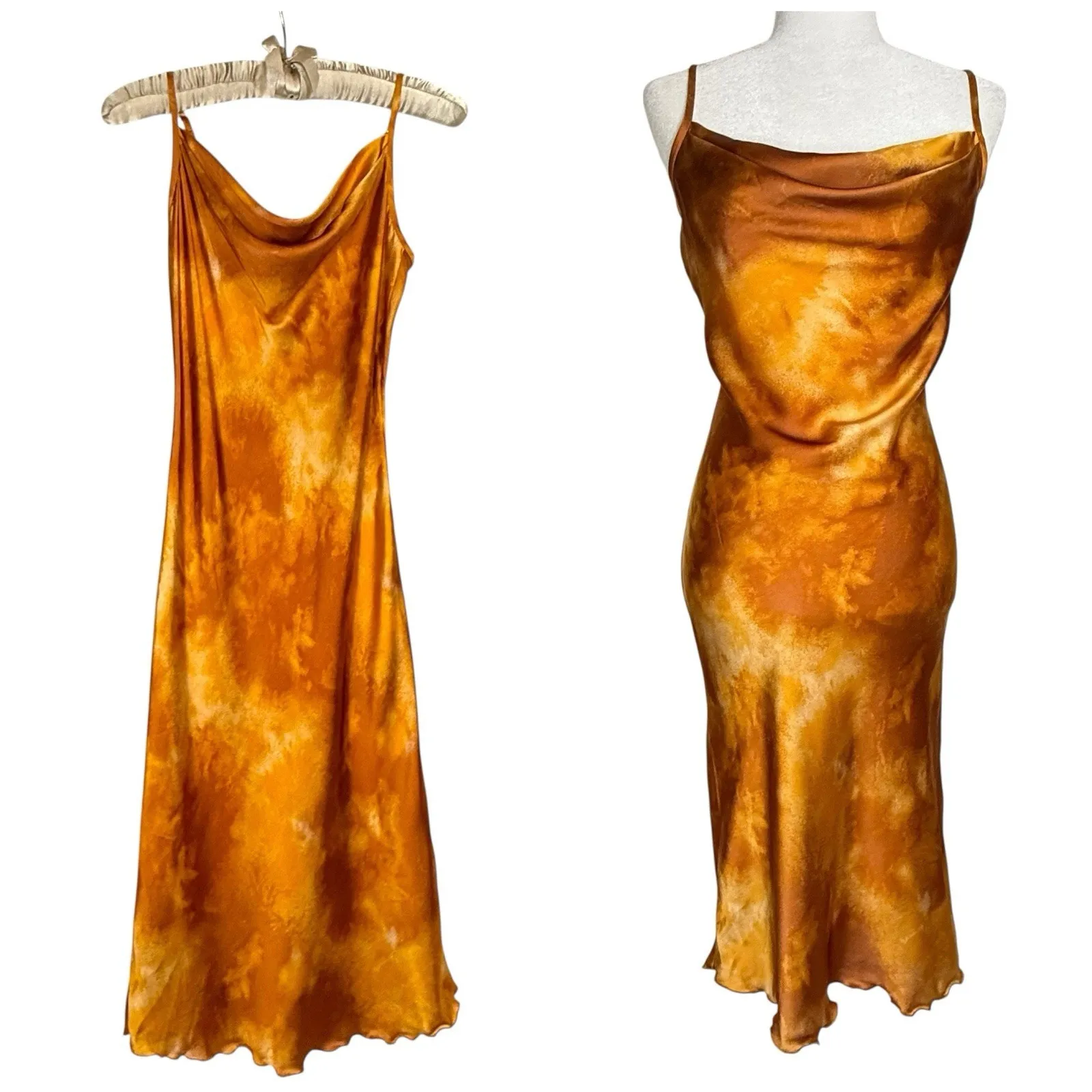 Vintage Bebe Y2K Slip Dress‎ XS Orange Sunset Cowl Neck Satin Midi Made in USA - Image 2