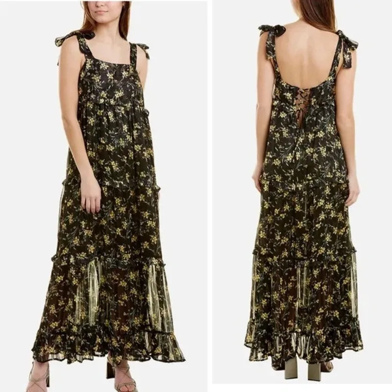 SABINA MUSAYEV Octavia Dress Black Mosaic Print Tie Sleeves Lace Up Size Small - Image 3