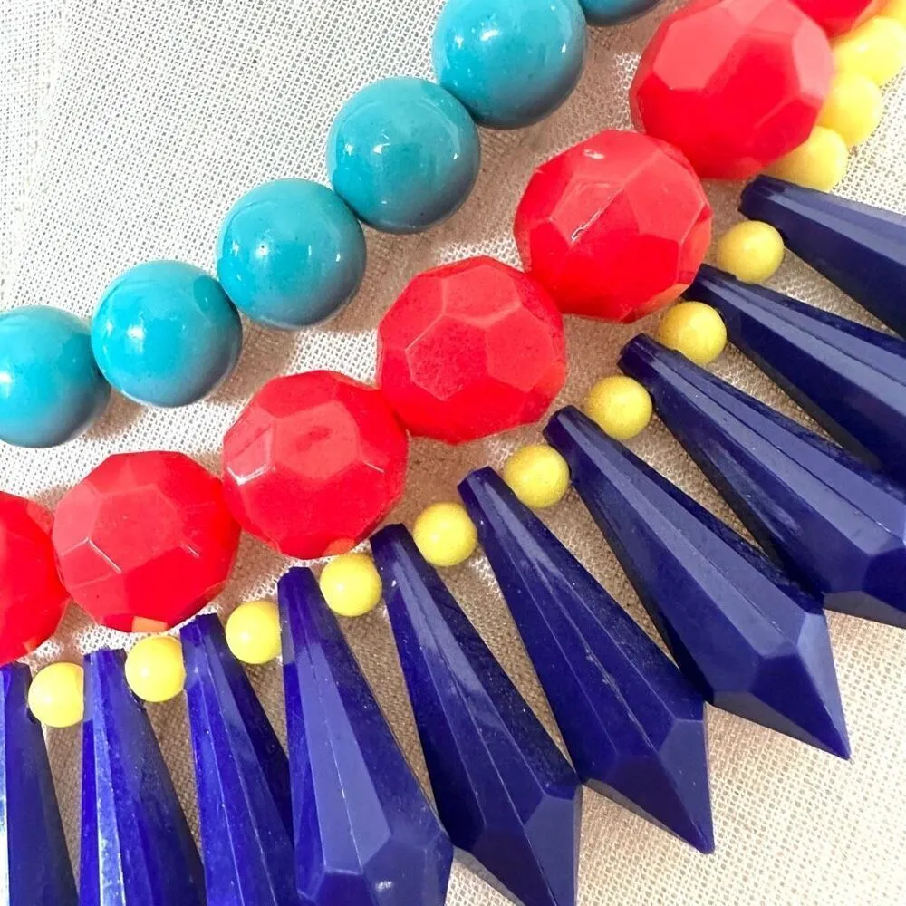 Yellow beaded red and green and blue statement necklace - Image 5