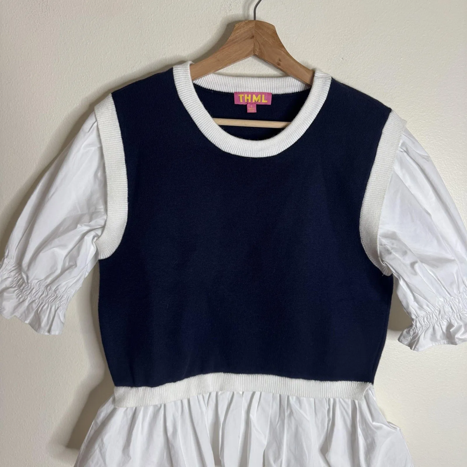 THML Sweater Womens Small Navy White Puff Sleeve Peplum Ruffle Hem Contrast Top - Image 2