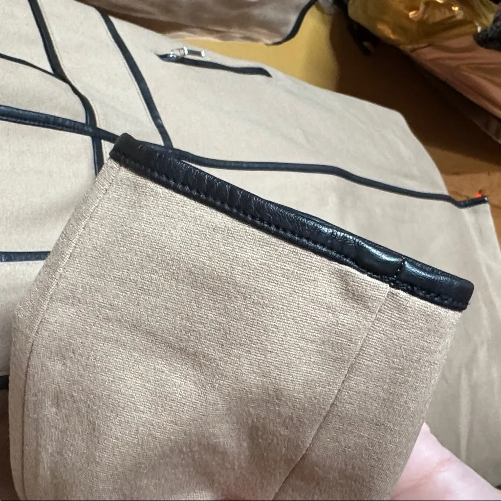 INC International Concepts Faux Leather Trim Khaki Moto Blazer Coat Size Large Tan - Image 5