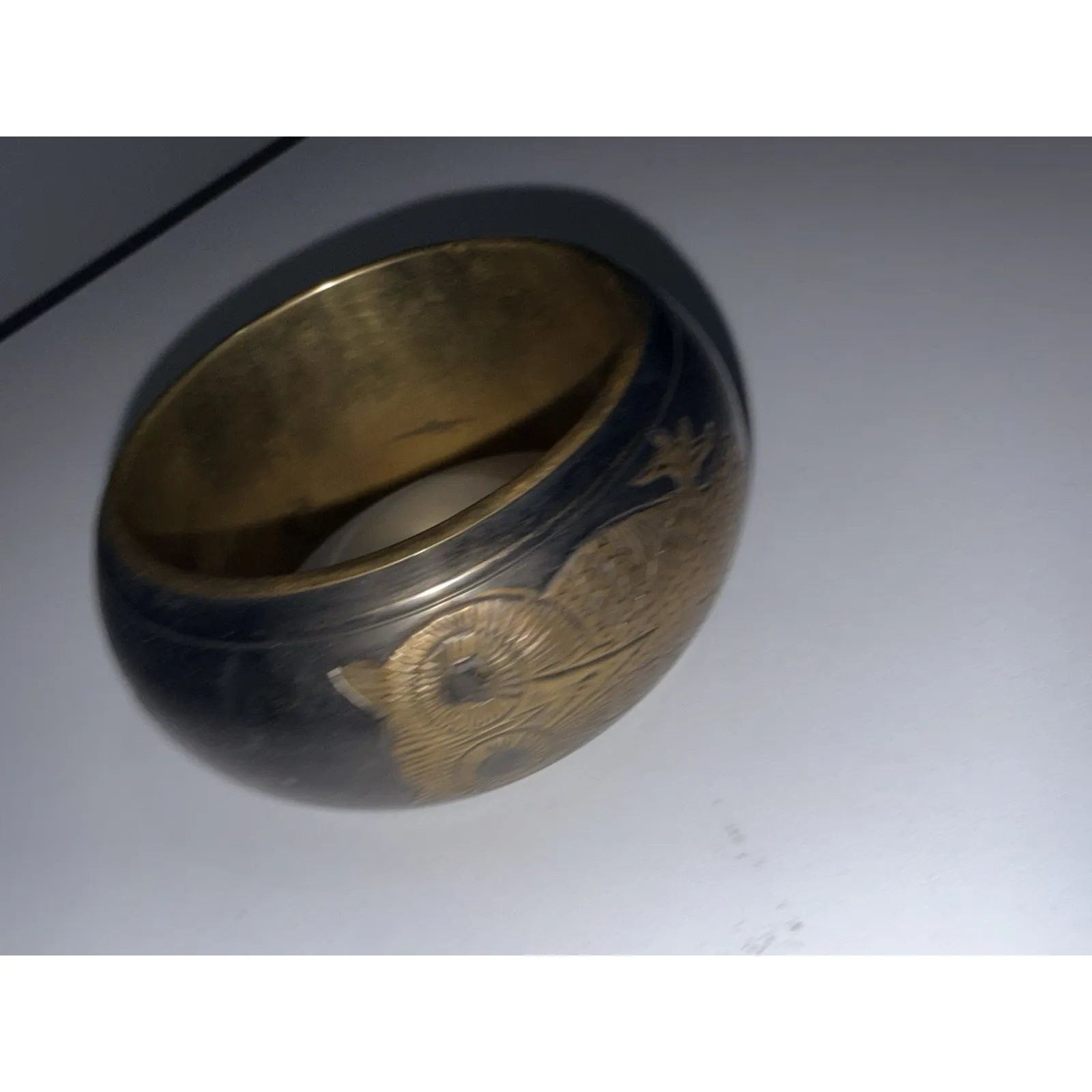 Vintage Brass Etched Owl Design Wide Cuff Bracelet - Image 2