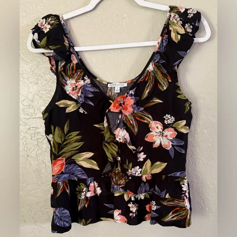 Patrons of Peace Blouse Womens Small Black Floral Ruffled Lightweight Summer Top - Image 2