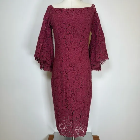 Bardot ‘Solange’ Corded Lace Sheath Dress Bell Sleeves Women’s Size 10L (Long) - Image 2