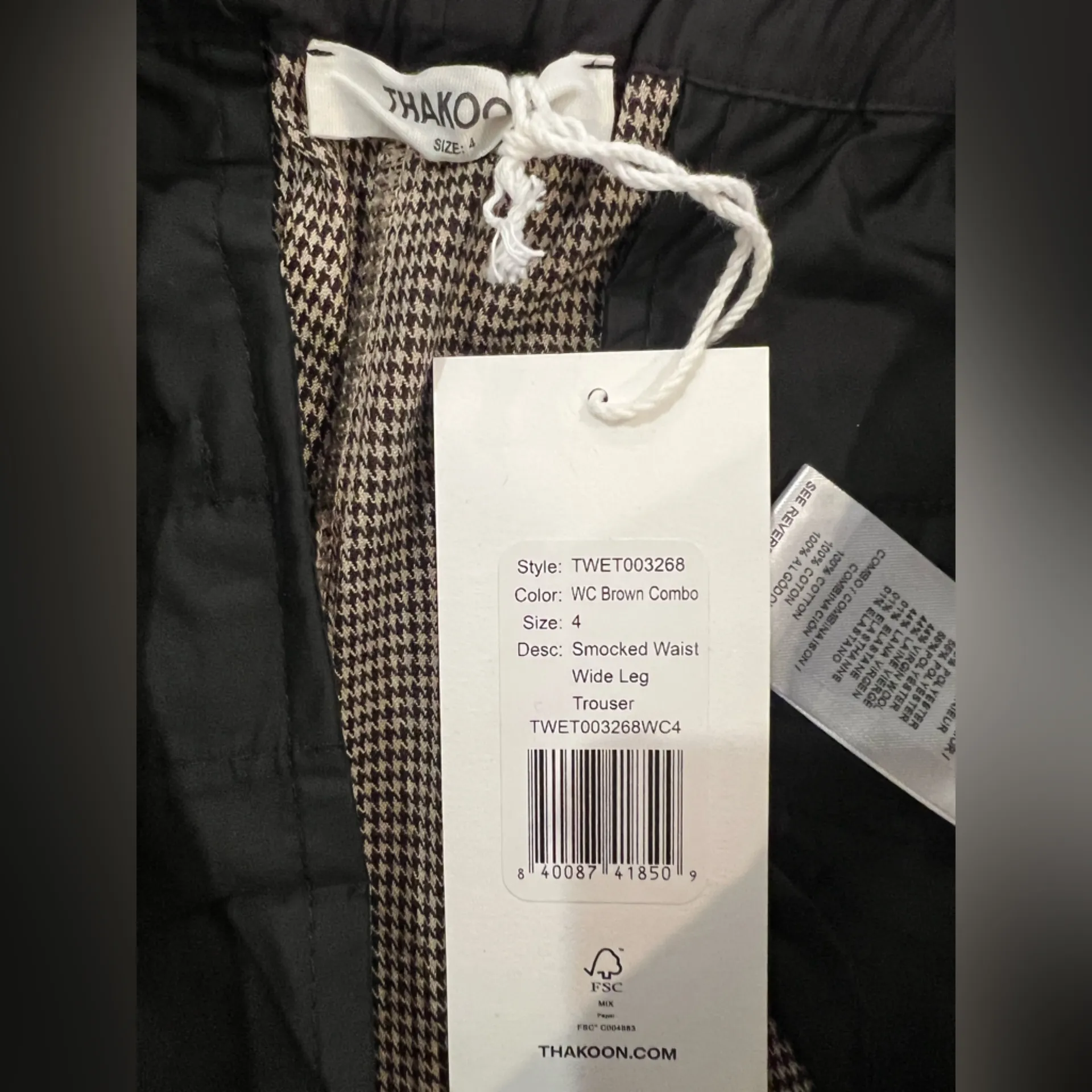 Thakoon Brown Houndstooth Smocked waist Wide leg Size 4 Made in Italy NWT Black - Image 3