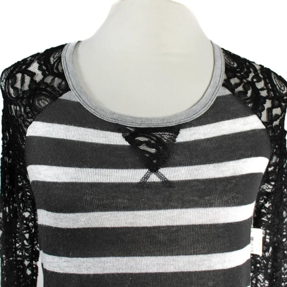 NWT Long Sleeve Black Light Gray Stripe Long Sleeve with Lace Detailing - Image 2