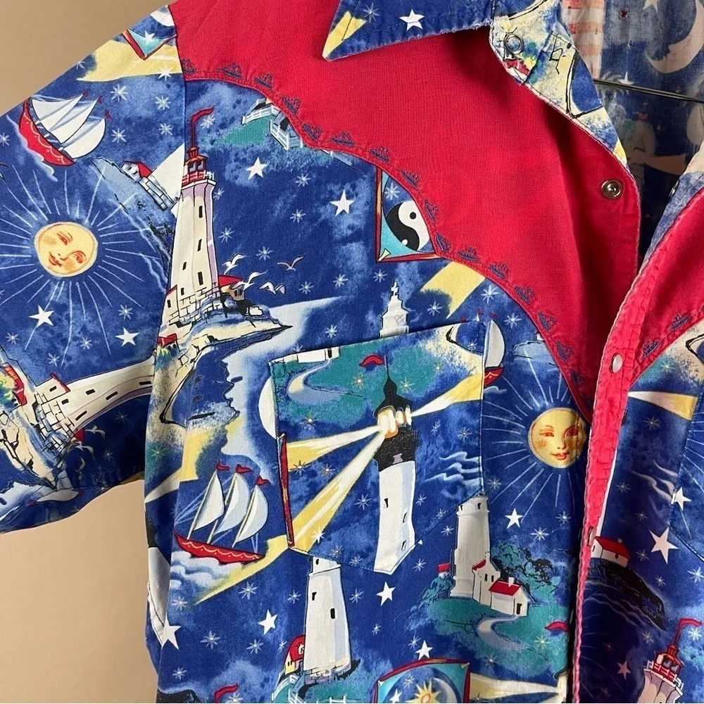 VINTAGE Women's XL Lighthouse Yin Yang Sun Moon Button Up Shirt Beach Y2K Granny Blue - Image 5