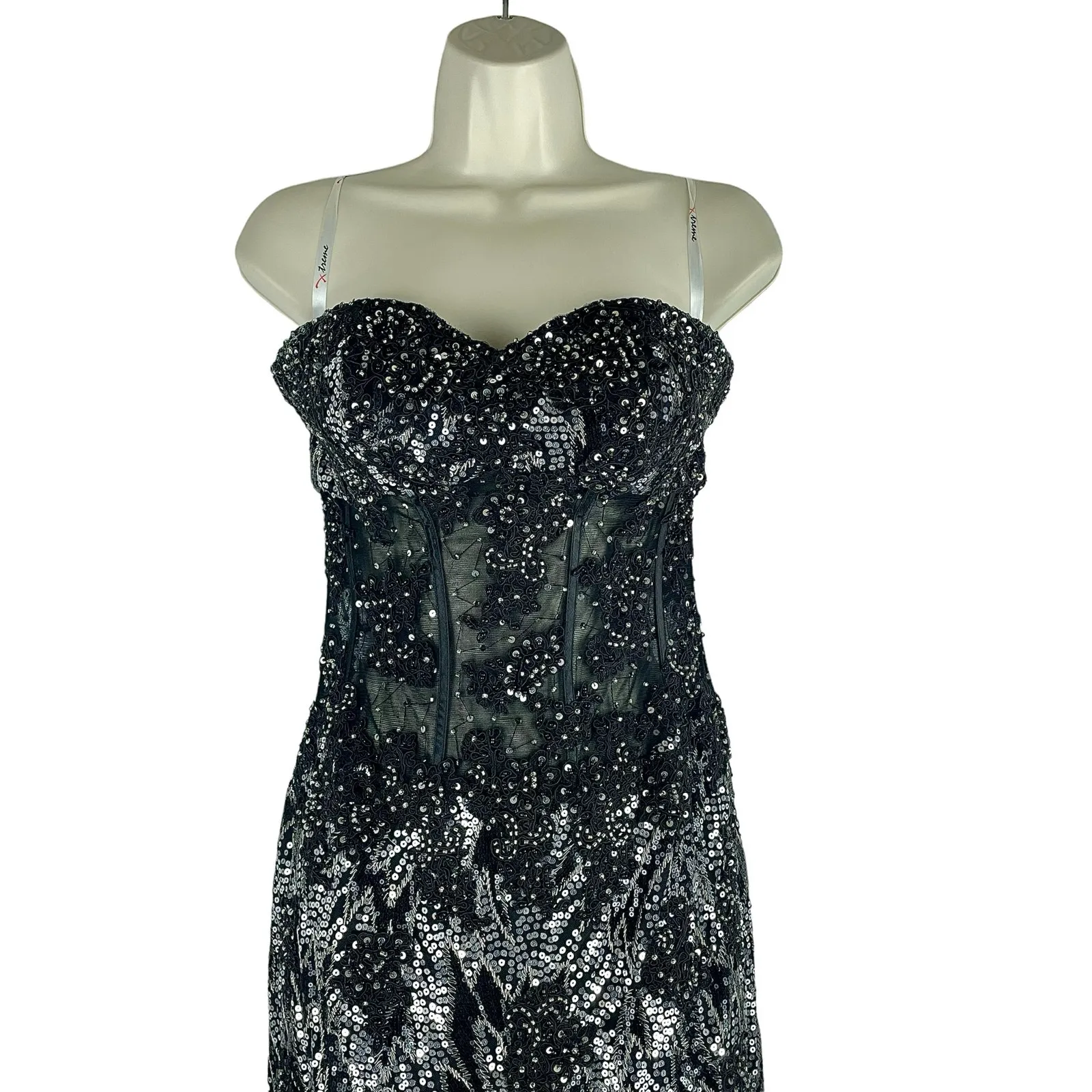 Xtreme Strapless Lace Sequin Mermaid Evening Gown 3D Floral Petal Size 6 Black - Image 6