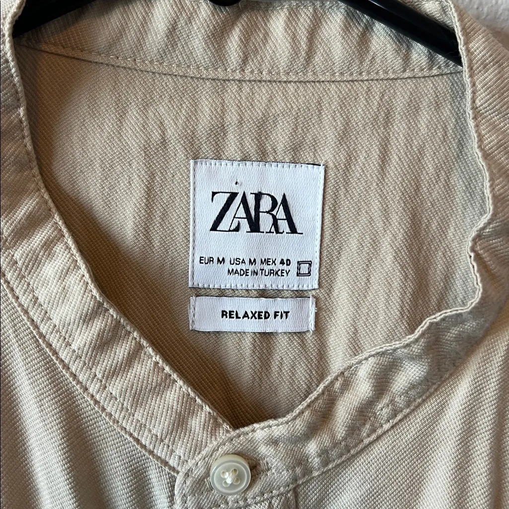 Zara Mandarin Collar Button Down Shirt Beige Size Medium - Image 3