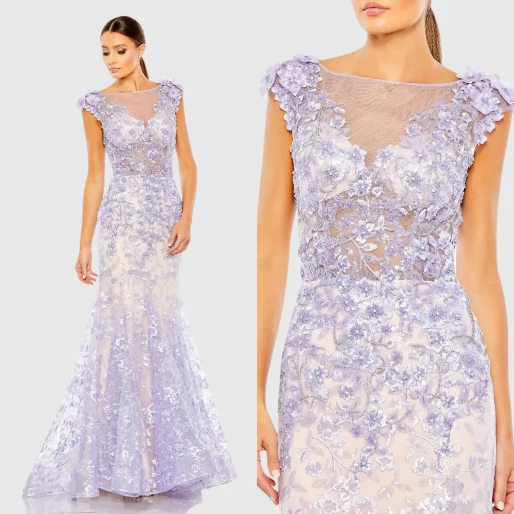 NWT Mac Duggal 79357 Embellished Cap Sleeve Illusion Neck Trumpet Gown Size 6 - Image 2