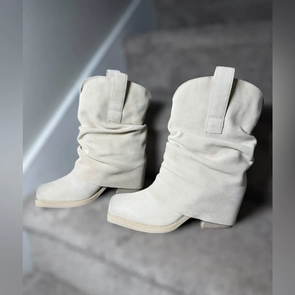 NEW Steve Madden Pia Suede Foldover Square Toe Block Heel Boots Natural Bone 6.5 - Image 4