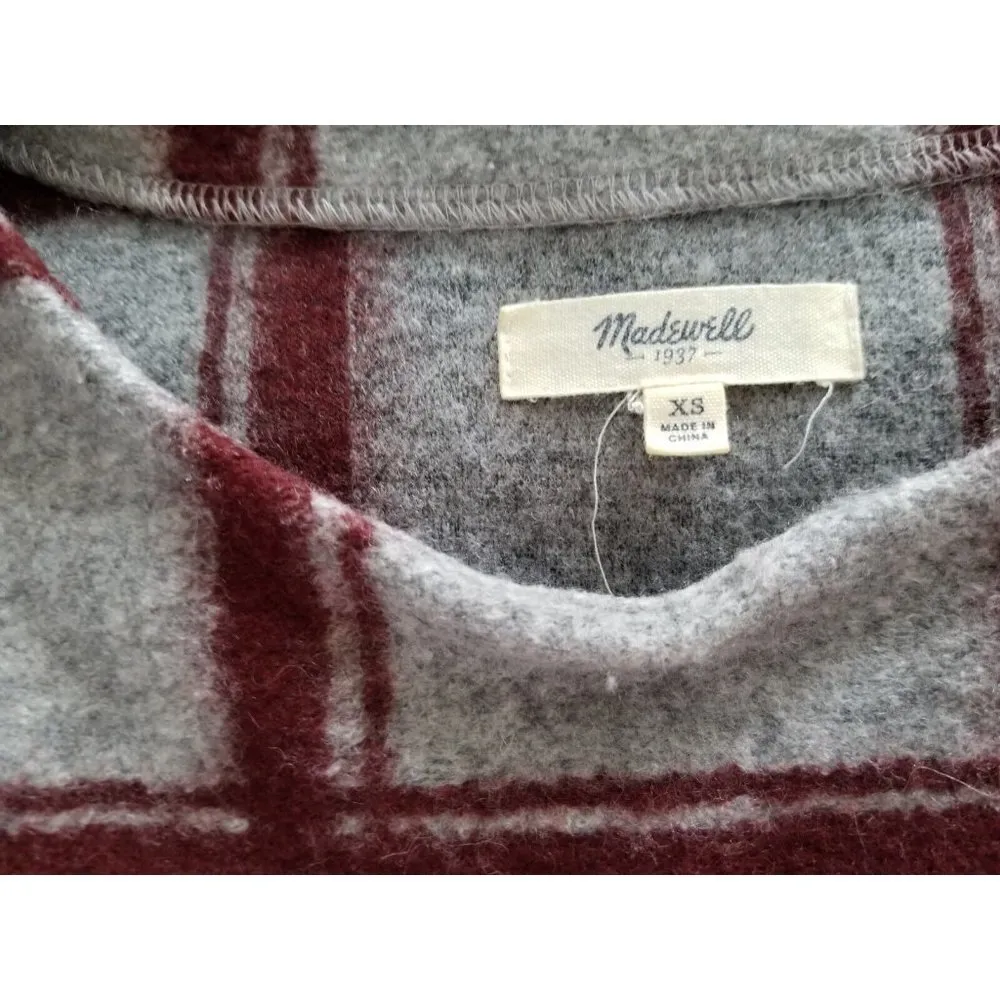 Madewell  Windowpane Wool Blend Fleece Boxy Crop Sweater Top Gray Burgundy Sz XS - Image 4