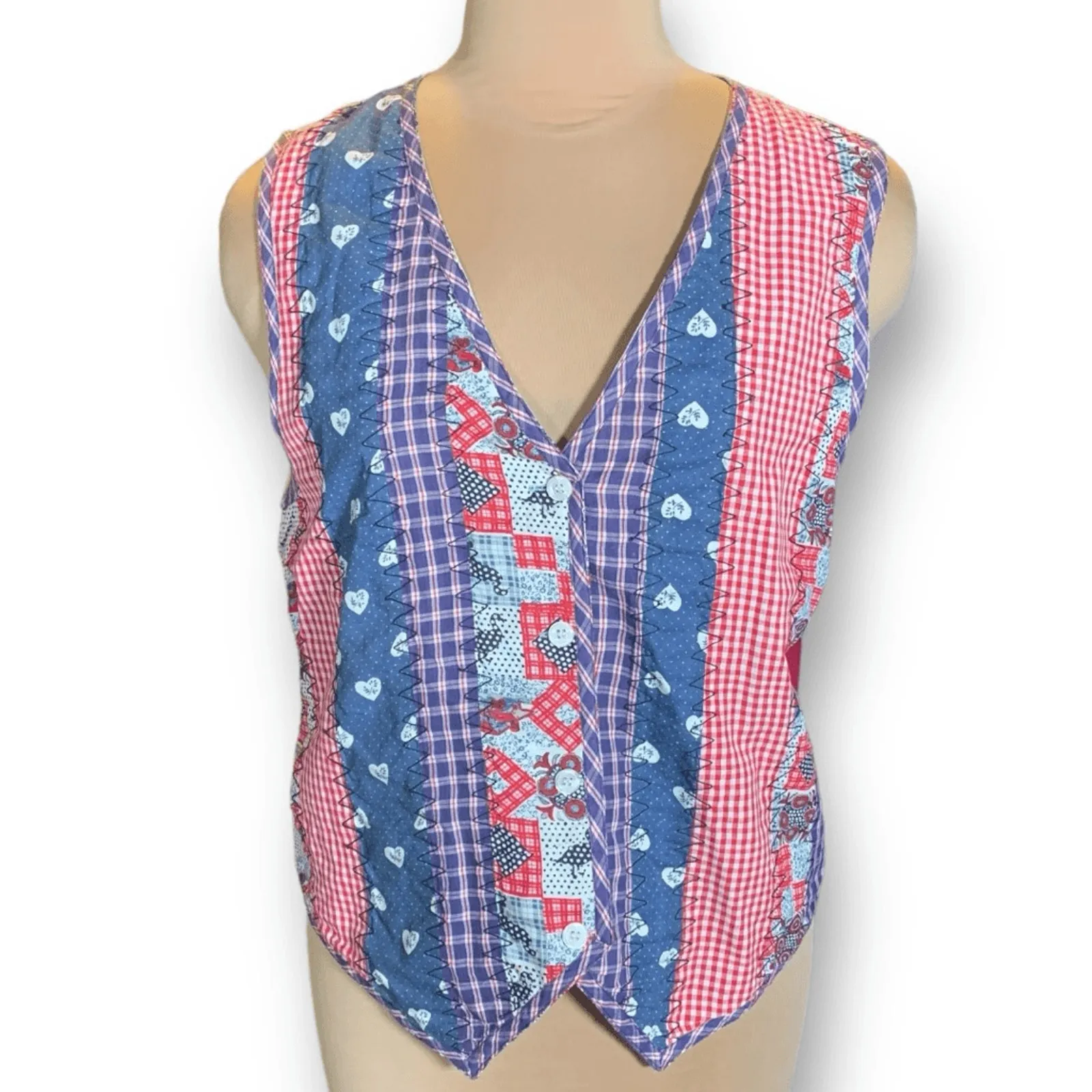 Vintage Patchwork Vest Red White Blue Gingham Heart Duck Print Folk Art Cottage Size L - Image 2
