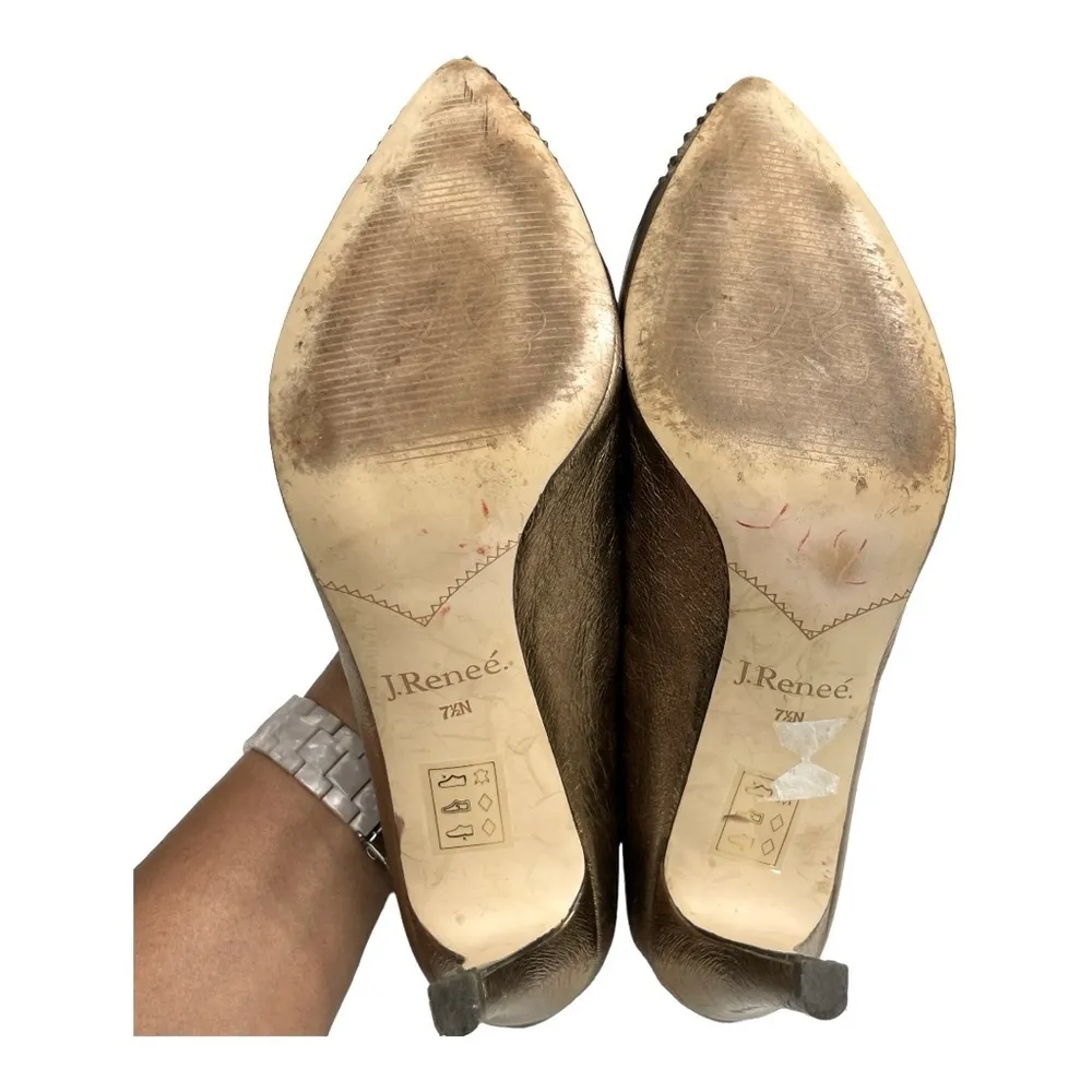 J.Renee High Heel Shoes w/ Rhinestones On Pointy Toe. Tan And Bronzish Gold 7.5N Size 7.5 - Image 7