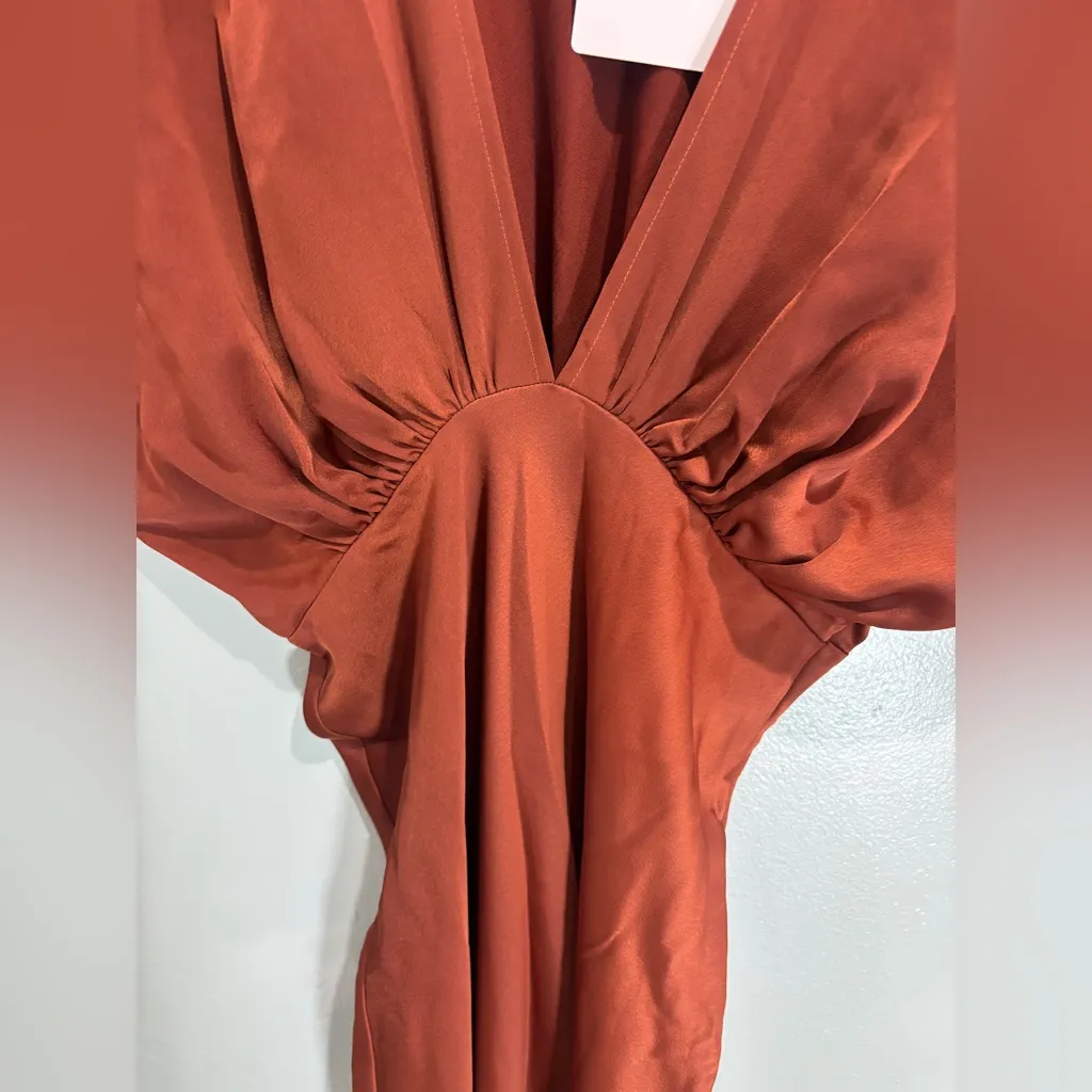 NWT Anthropologie BHLDN Women Leila Deep V Neck Flutter-Sleeve Satin Rust Gown 4 - Image 8