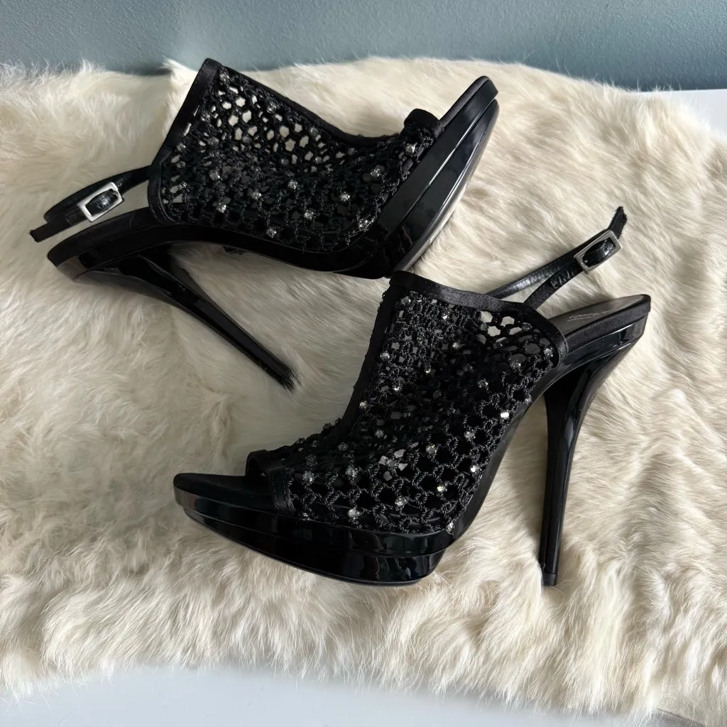 Versace Black Mesh Rhinestone Embellished Strass Heels - Image 3