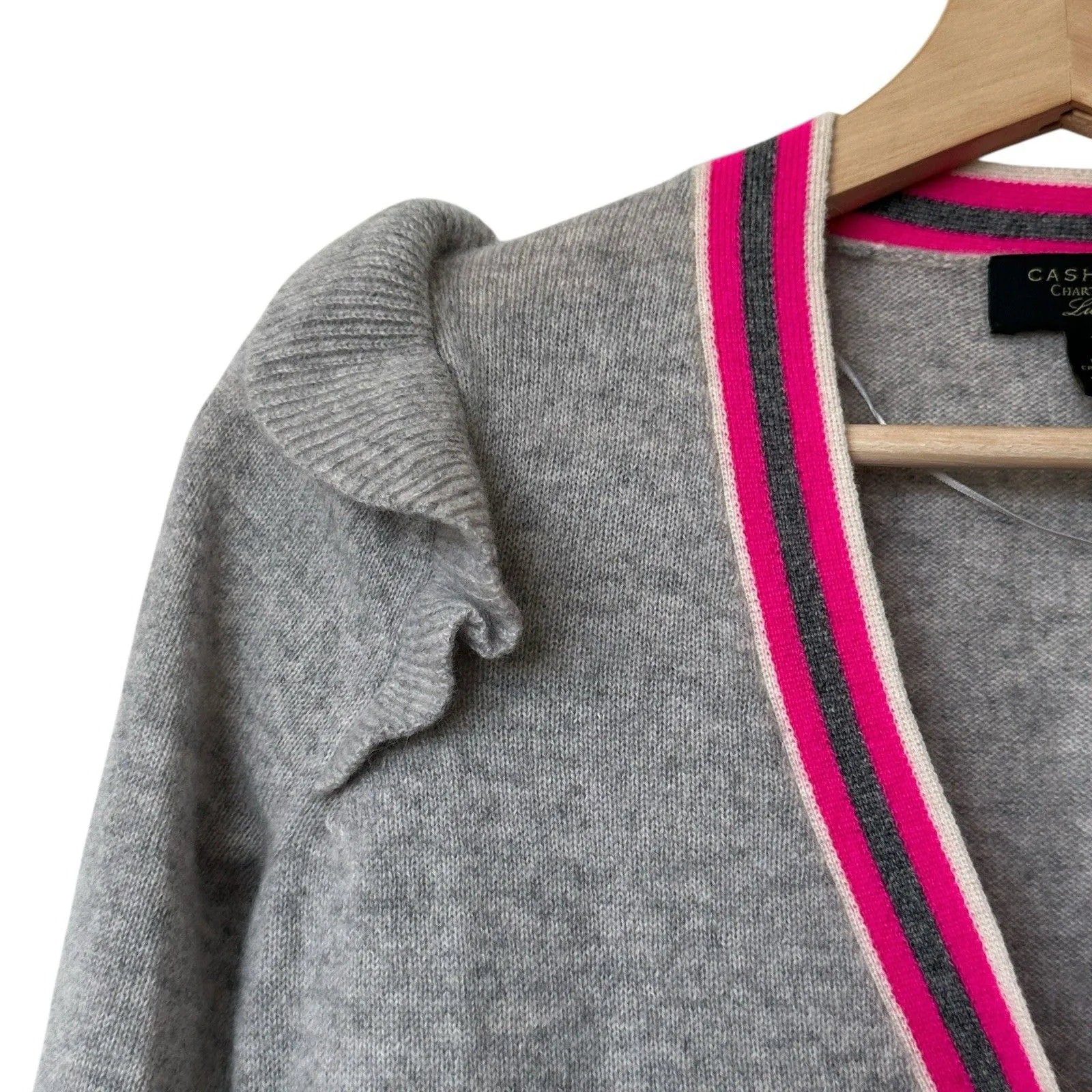 Charter Club Luxury Cashmere XS Contrast Trim Cardigan Preppy Ruffle Sleeves - Image 6