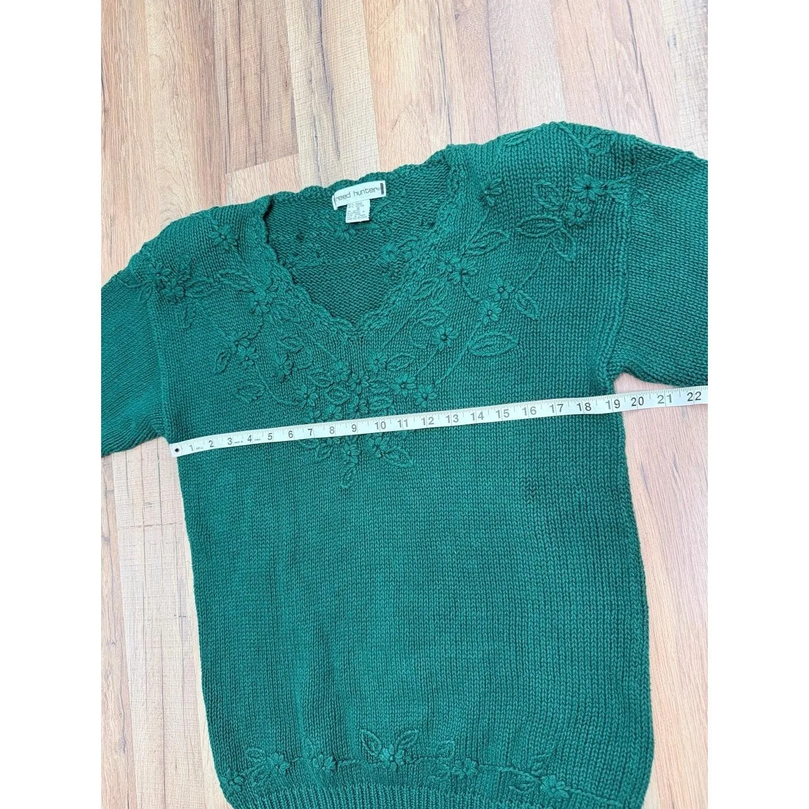 Vintage Reed Hunter Green Knit‎ Floral Embroidered Sweater Tunic Ramie Cotton S - Image 6