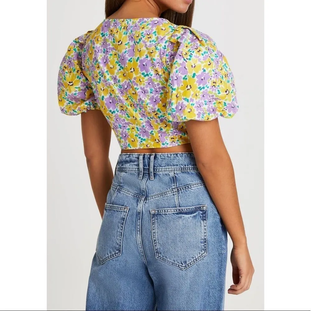 River Island Floral Print Puff Sleeve Crop Top, Yellow/Purple, Small/Size 4, NWT - Image 2