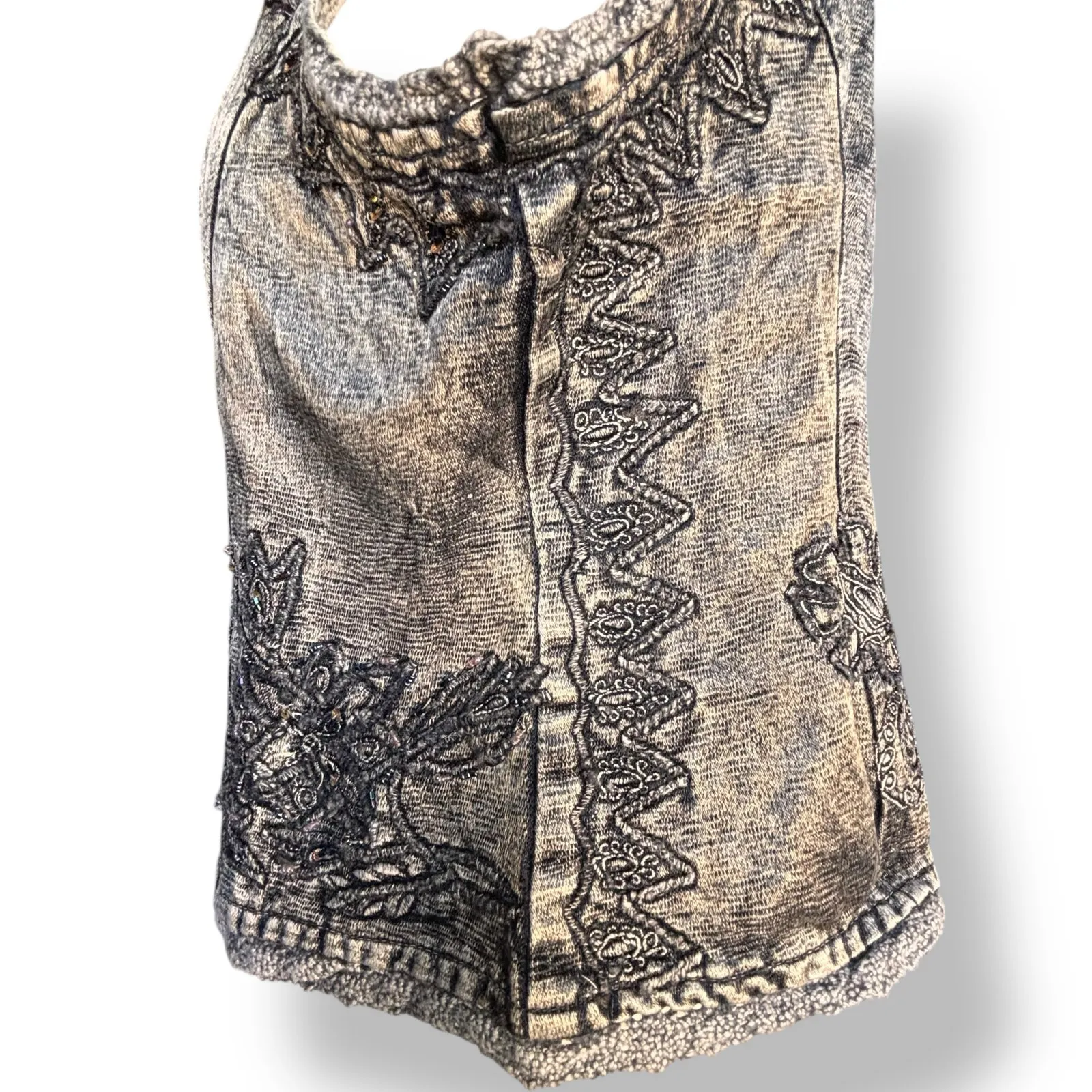 Vintage 90s Flashback Embroidered Metallic Gray Beaded Vest Floral Detail Boho - Image 7