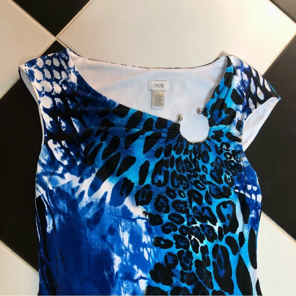 Vintage Y2K Caché Blue Animal Print Bodycon Mini Dress Sleeveless Scoop Neck 10 - Image 4