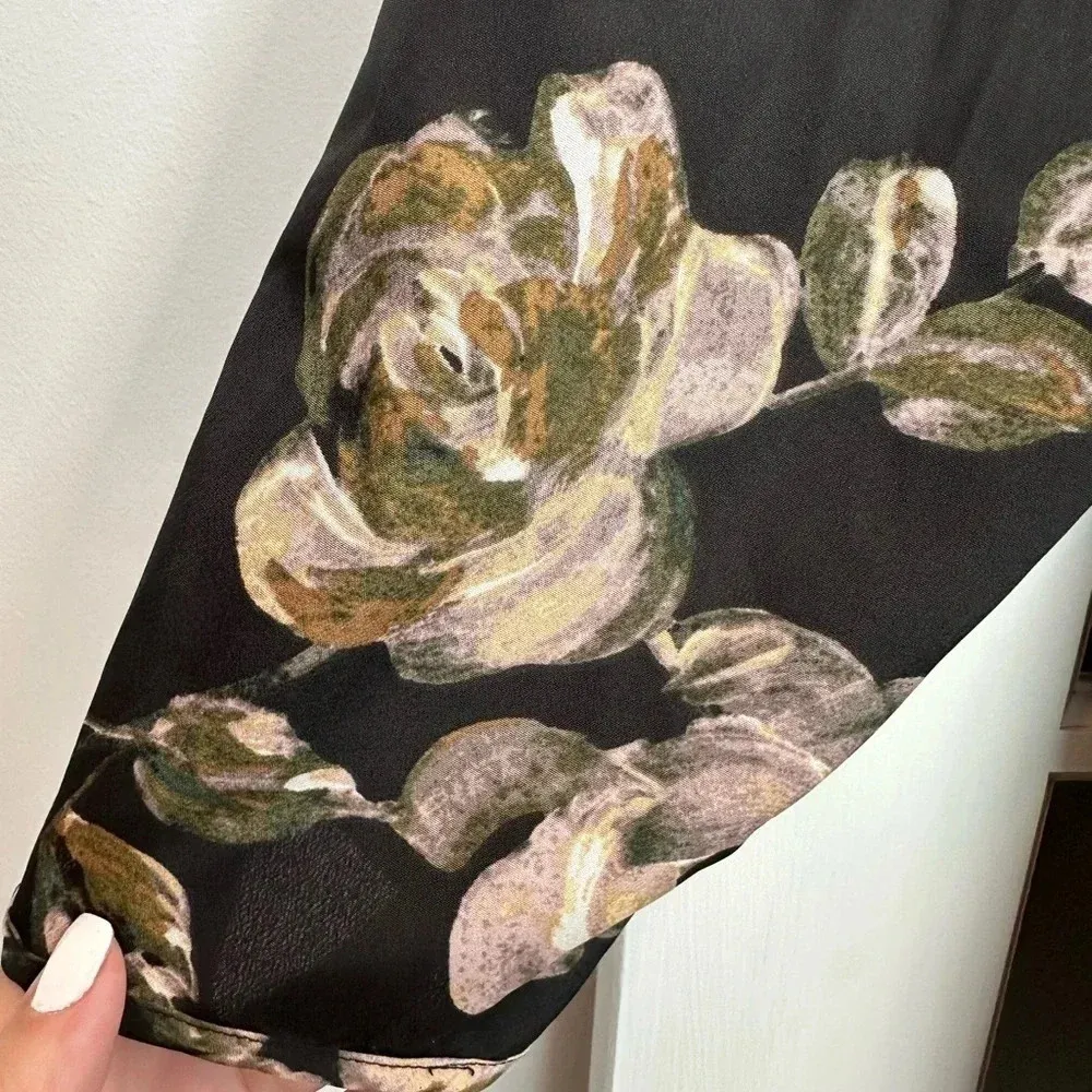 J. Crew Black Watercolor Floral Long Sleeve Tulip Hem Wrap Dress Size 18 - Image 9