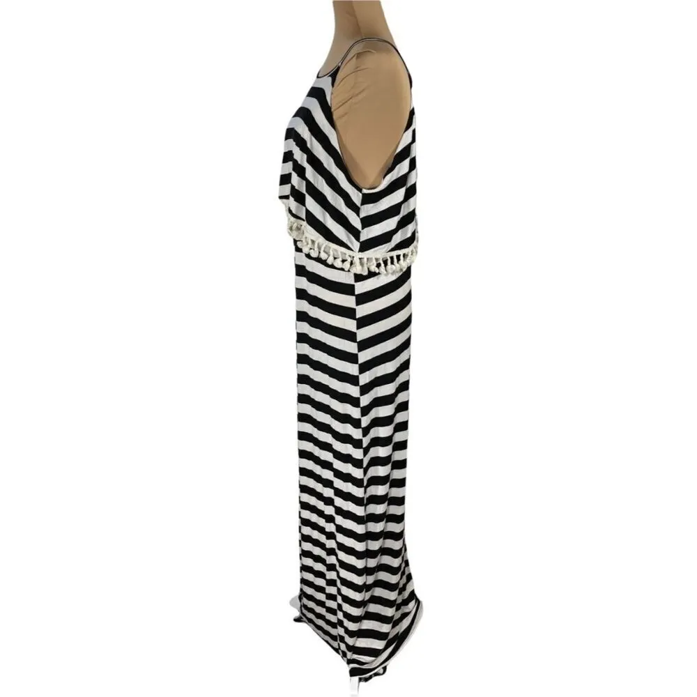 Bellamie Sleeveless Halter Tassel Black White Stripe Maxi Dress Size S - Image 2