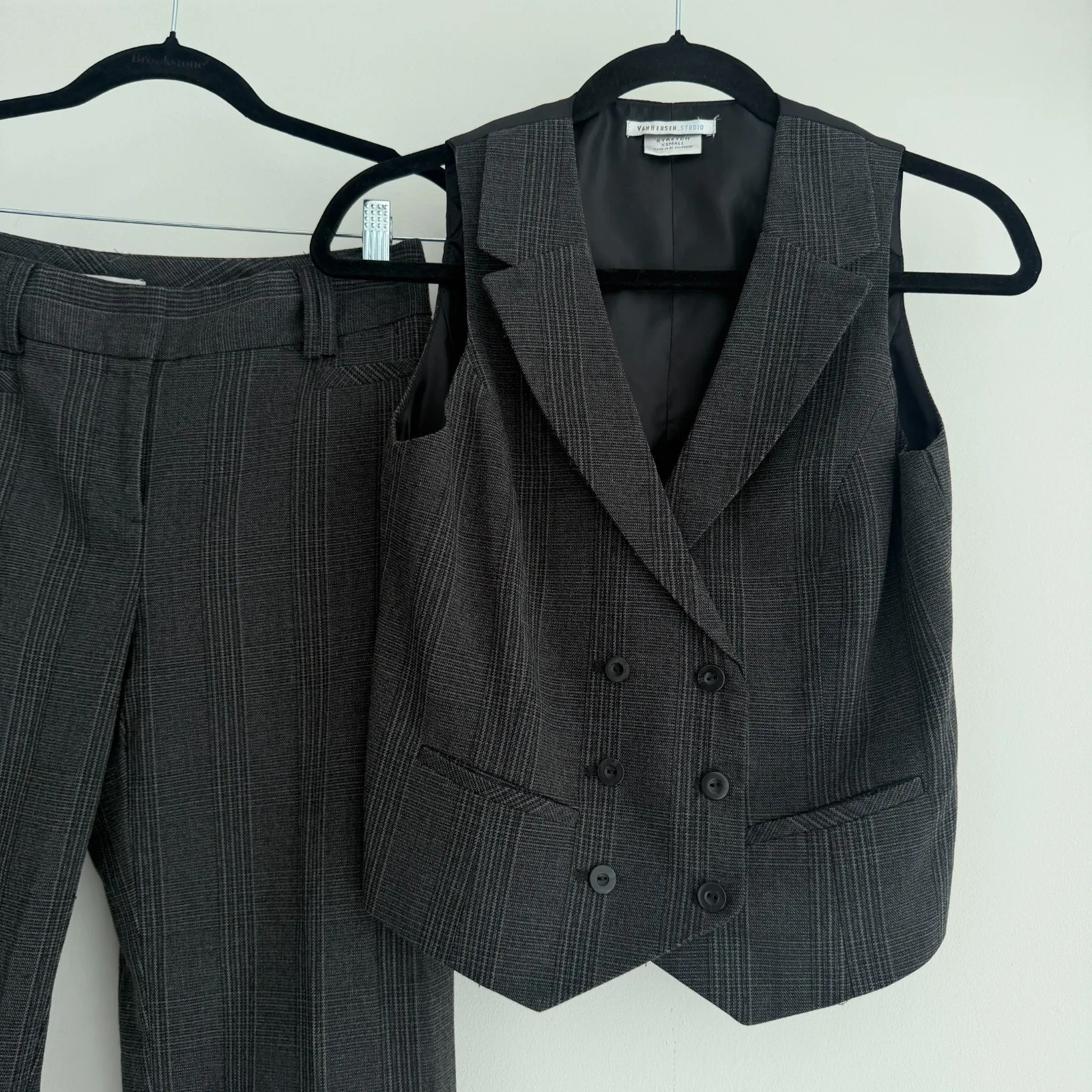 Vintage Y2K Tailored Vest Waistcoat Trousers Suit Set Womens XS Charcoal Plaid Gray - Image 5