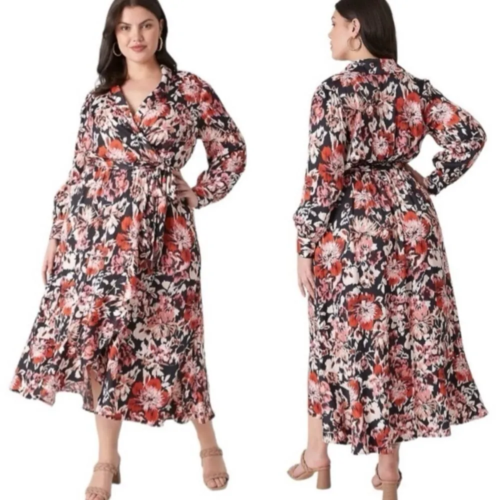 Lane Bryant Maxi Dress Faux Wrap Shawl Black Pink Floral Satin Women’s Size 18 - Image 16