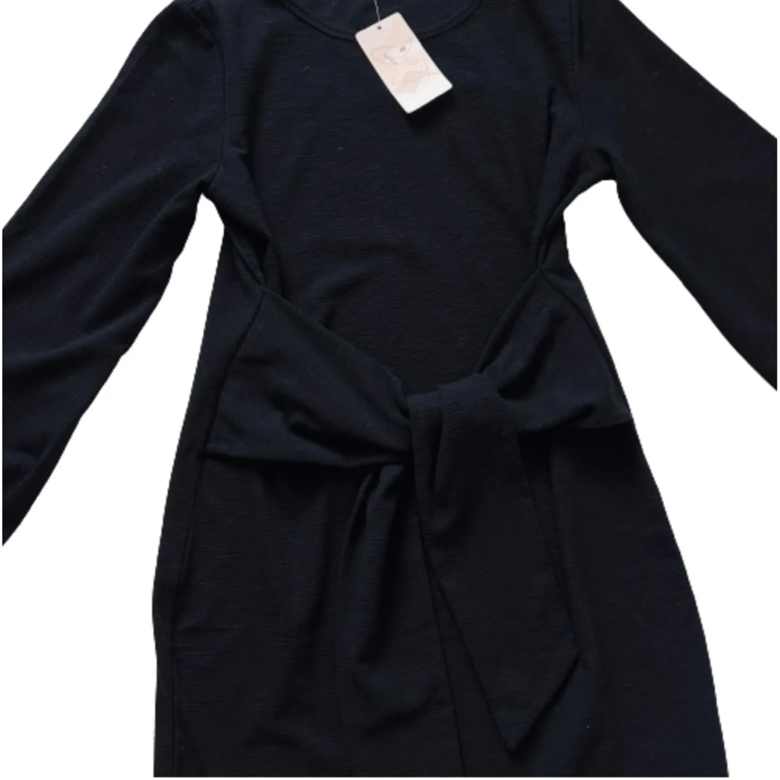 Fashion Dress Black Long Lantern Sleeve Crewneck Tie Waist Mini Dress Medium NEW - Image 11