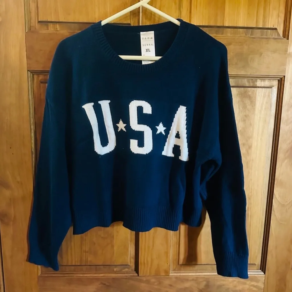 Navy Blue USA America patriotic Cozy Knit Sweater Size XL - Image 2